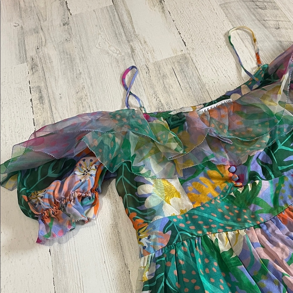 Jessie Liu Summer Floral Tiered Silk Midi Dress Size Medium - Picture 6 of 12